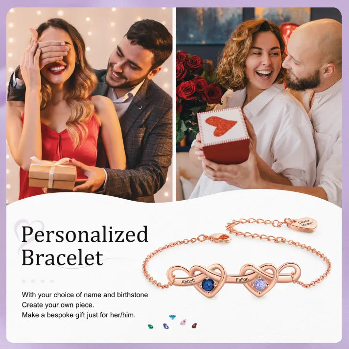 Bracelet 2 Prénoms Personnalisés avec 2 Pierres de Naissance Bracelet Personalisable pour Femme