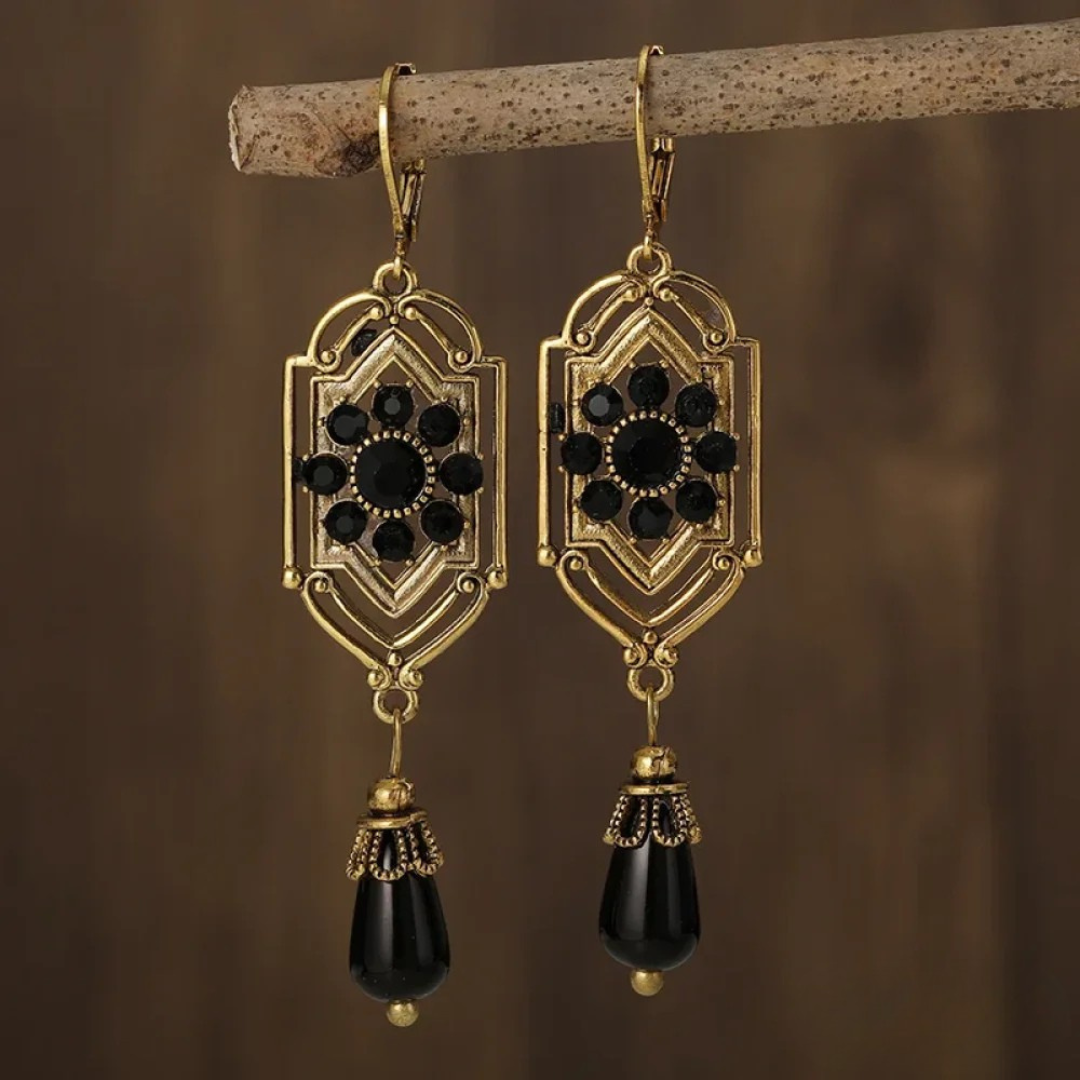 Boucles d'oreilles vintage noires en cristal pendantes