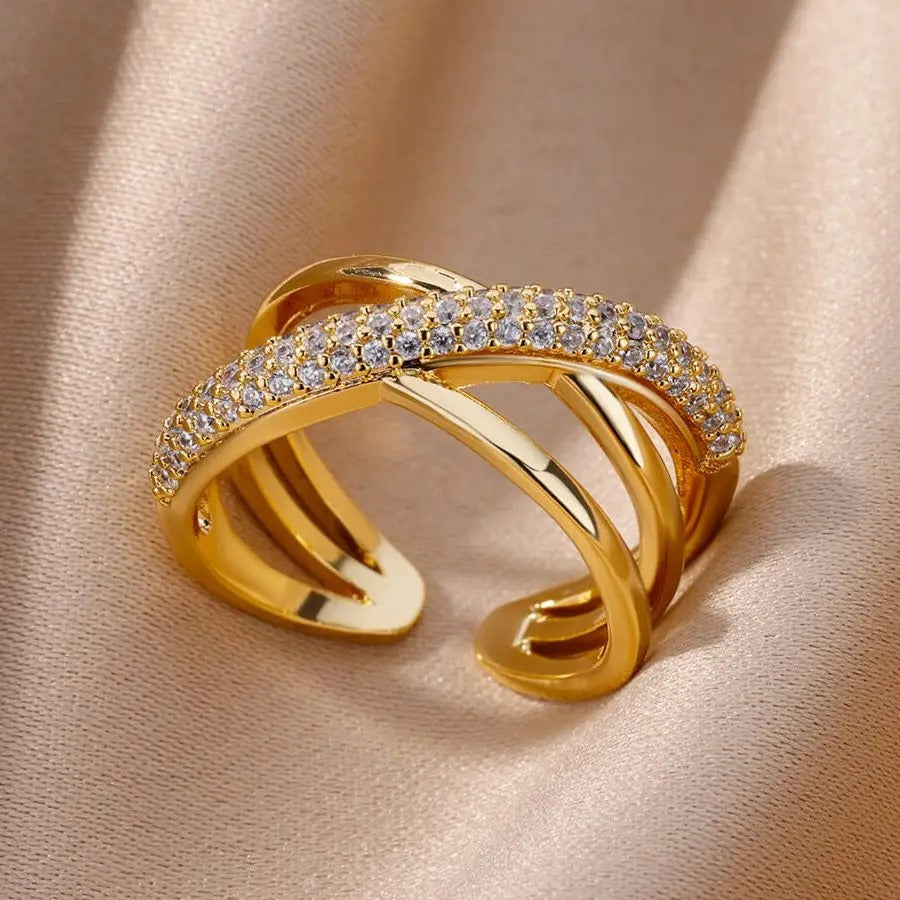 Bague Ajustable Croix Double plaquée or 18K avec zircon