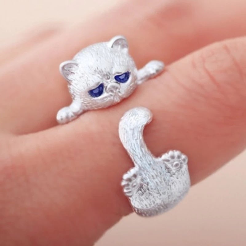Bague ajustable pour femme Argent Cat Funny Style - Minou