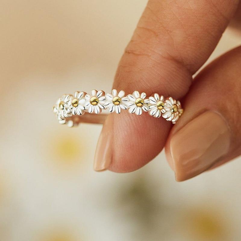 Bague Marguerite Ajustable Argentée Émaillé à la Main