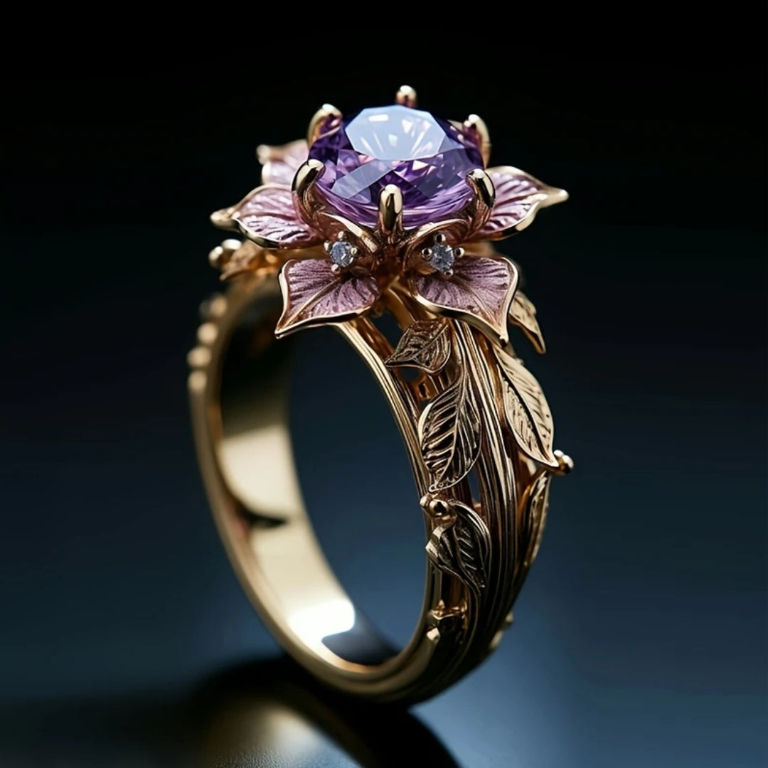 Bague exotique en cristal de fleur mauve