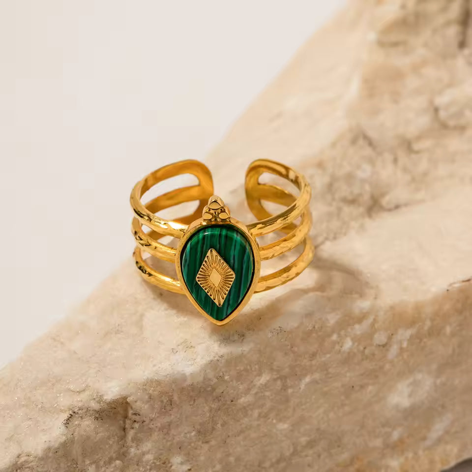 Bague Œil Pierre Verte plaquée or 18K avec zircon