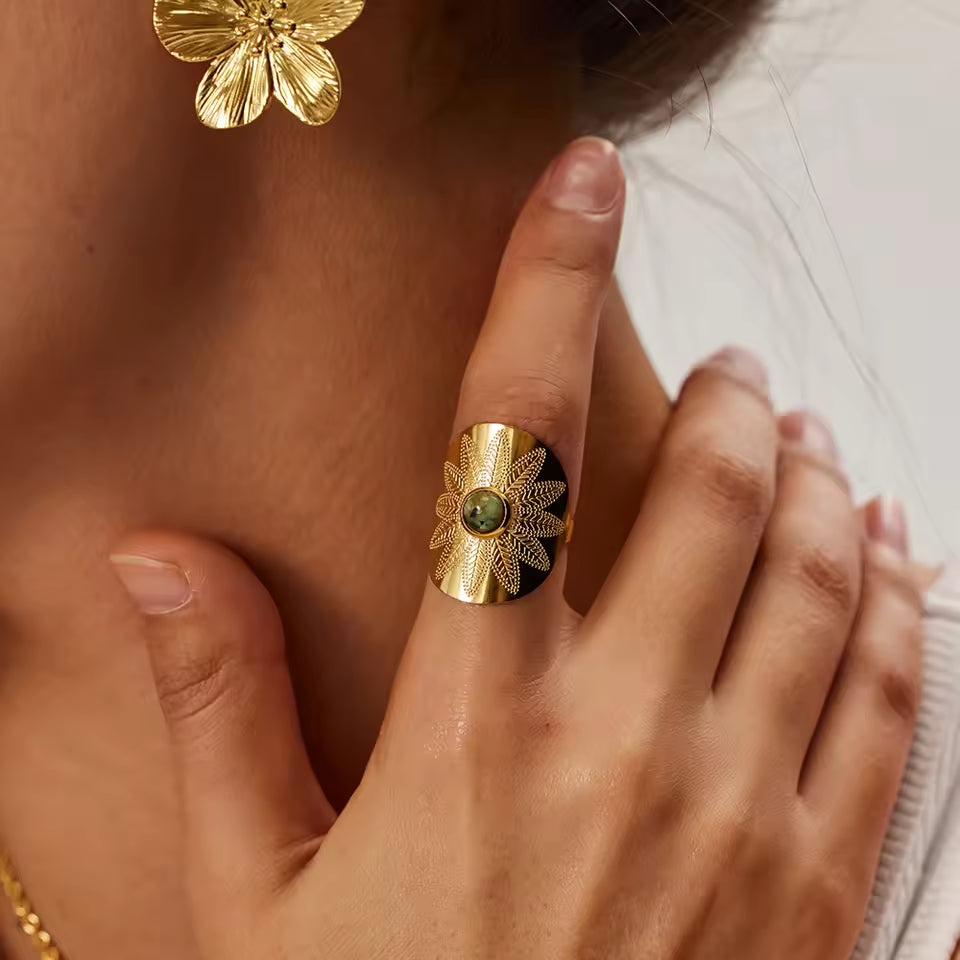 Bague Ajustable Turquoise Africaine plaquée or 18K avec zircon