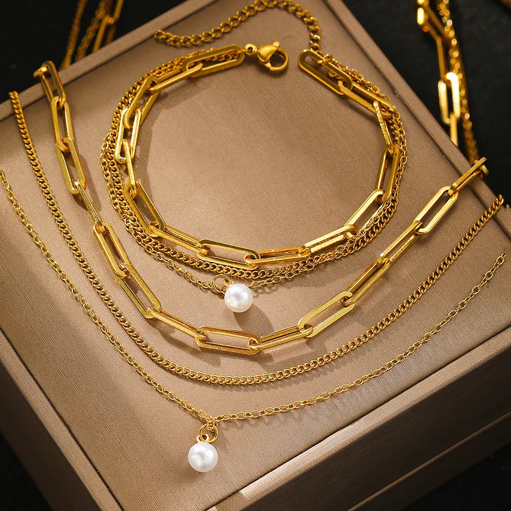 Ensemble Drielagige et Bracelet avec Perle | Or