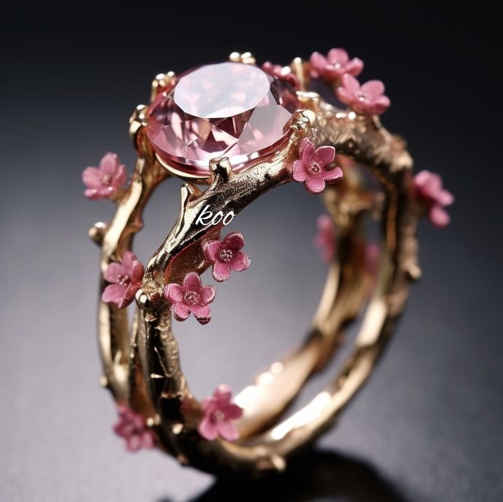 Bague exotique en cristal doré et fleur rose