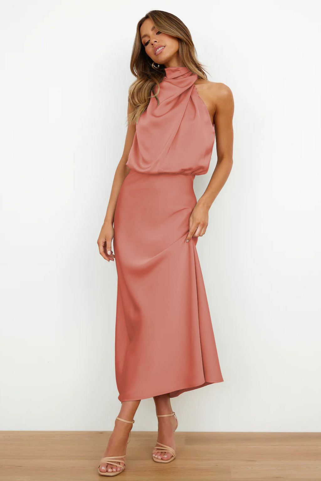 Carlina | Long Satin Dress with Halter Neckline