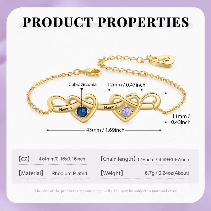 Bracelet 2 Prénoms Personnalisés avec 2 Pierres de Naissance Bracelet Personalisable pour Femme