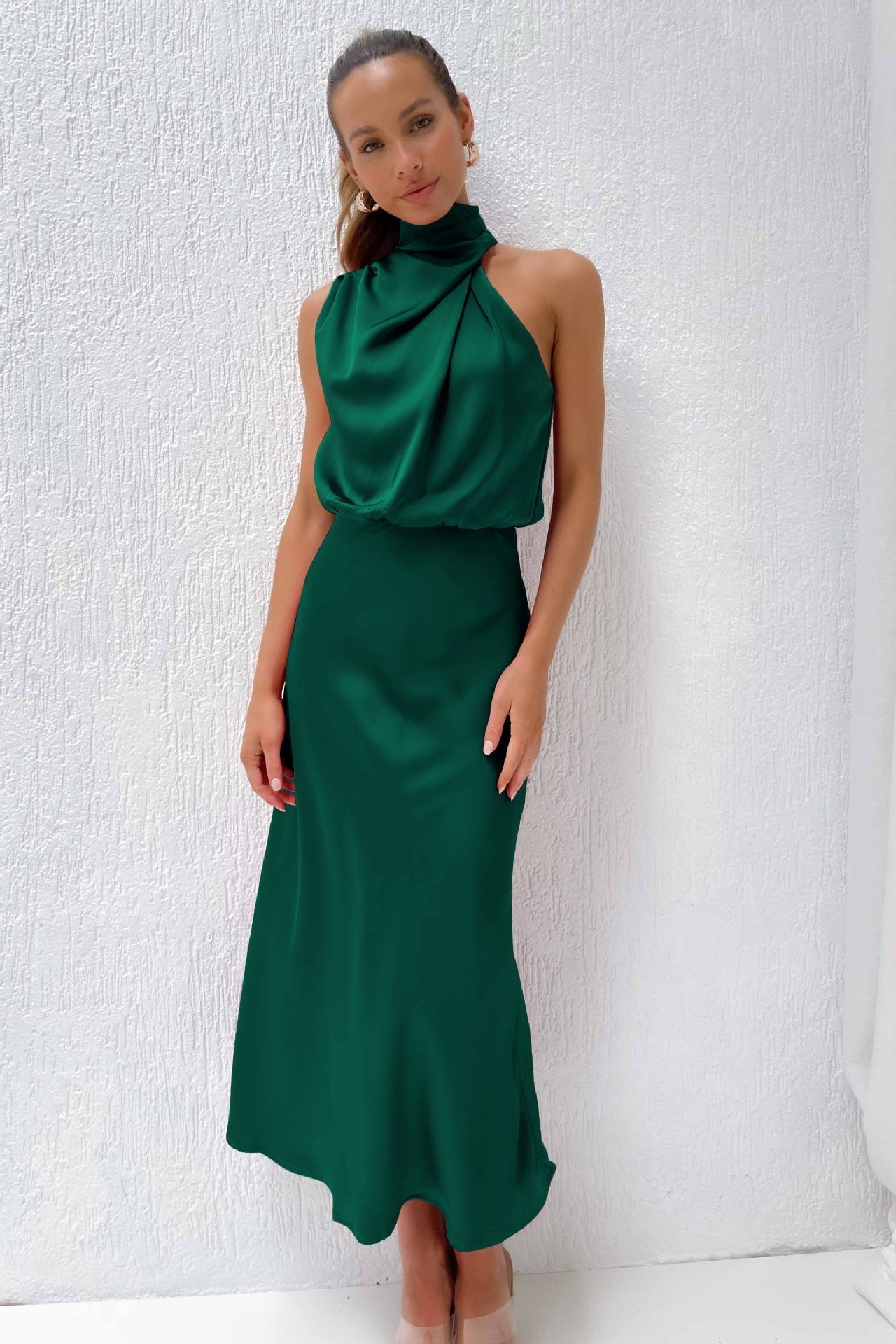 Carlina | Long Satin Dress with Halter Neckline