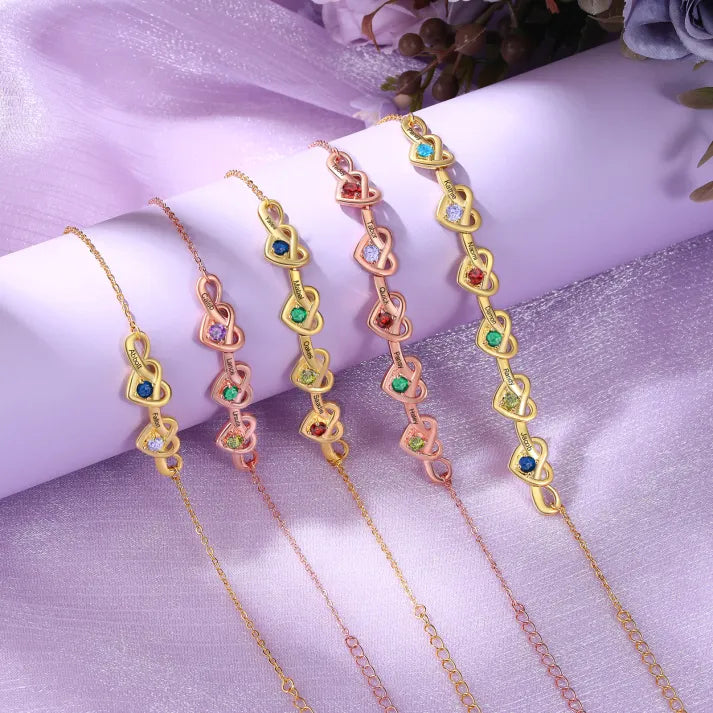 Bracelet 2 Prénoms Personnalisés avec 2 Pierres de Naissance Bracelet Personalisable pour Femme