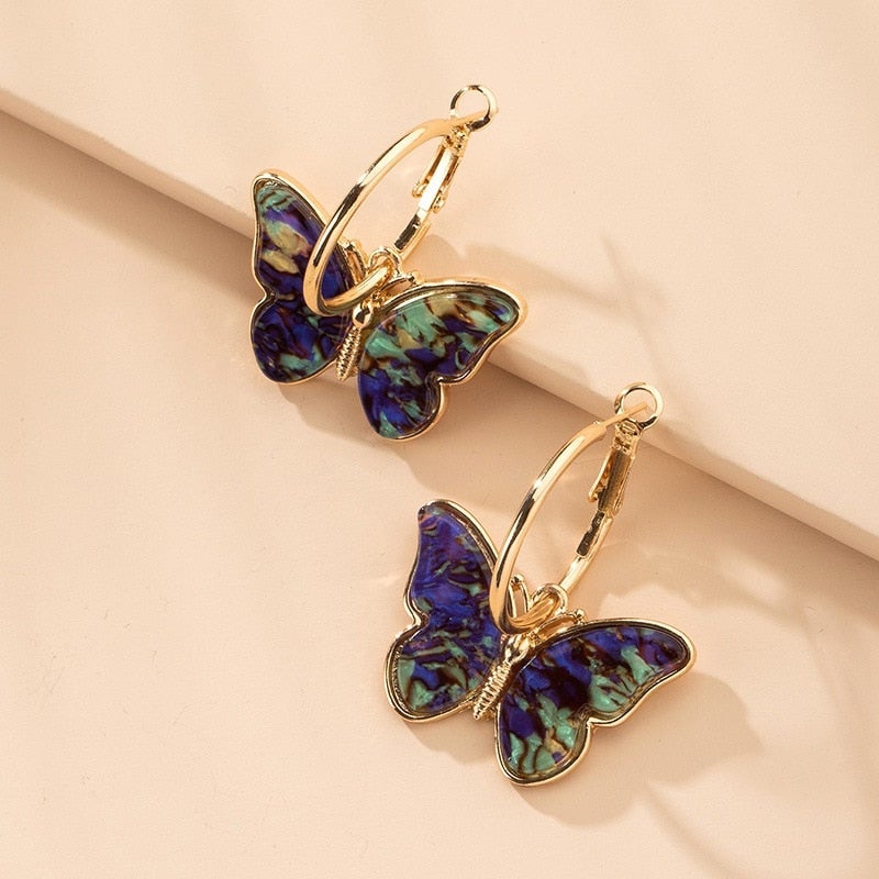 Boucles d’oreilles Papillon Peintes à la Main en Finition Dorée avec Émail et Cristal