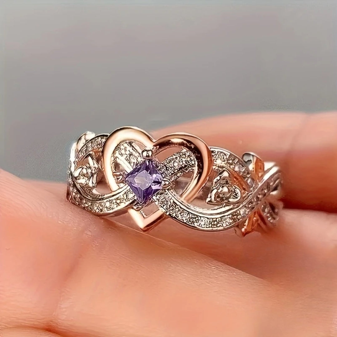 Bague cœur en or et argent violet brillant