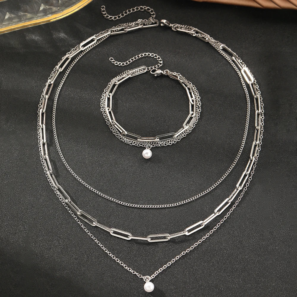 Collier & Bracelet en Argent à Trois Couches avec Perle Set