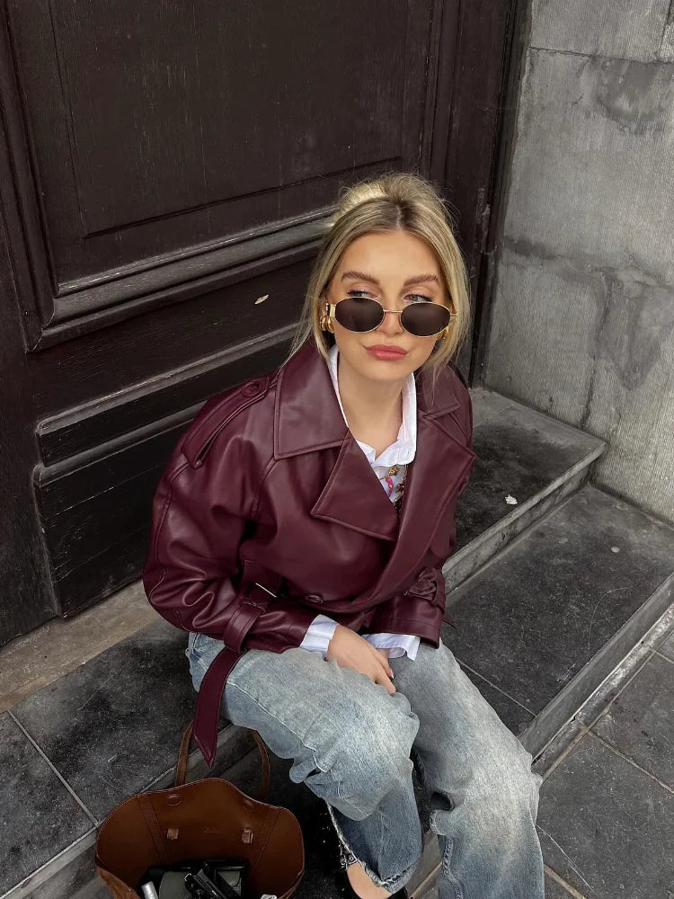 Yani -  Veste en Cuir Droite Avec Ceinture