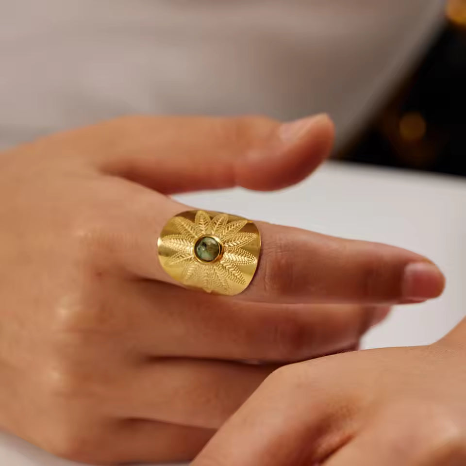 Bague Ajustable Turquoise Africaine plaquée or 18K avec zircon