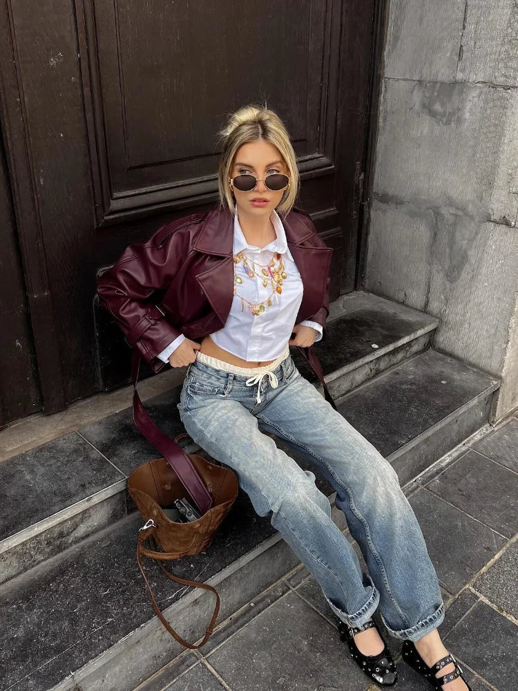 Yani -  Veste en Cuir Droite Avec Ceinture