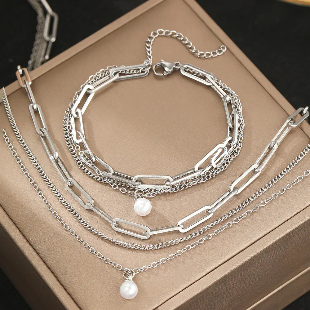 Collier & Bracelet en Argent à Trois Couches avec Perle Set