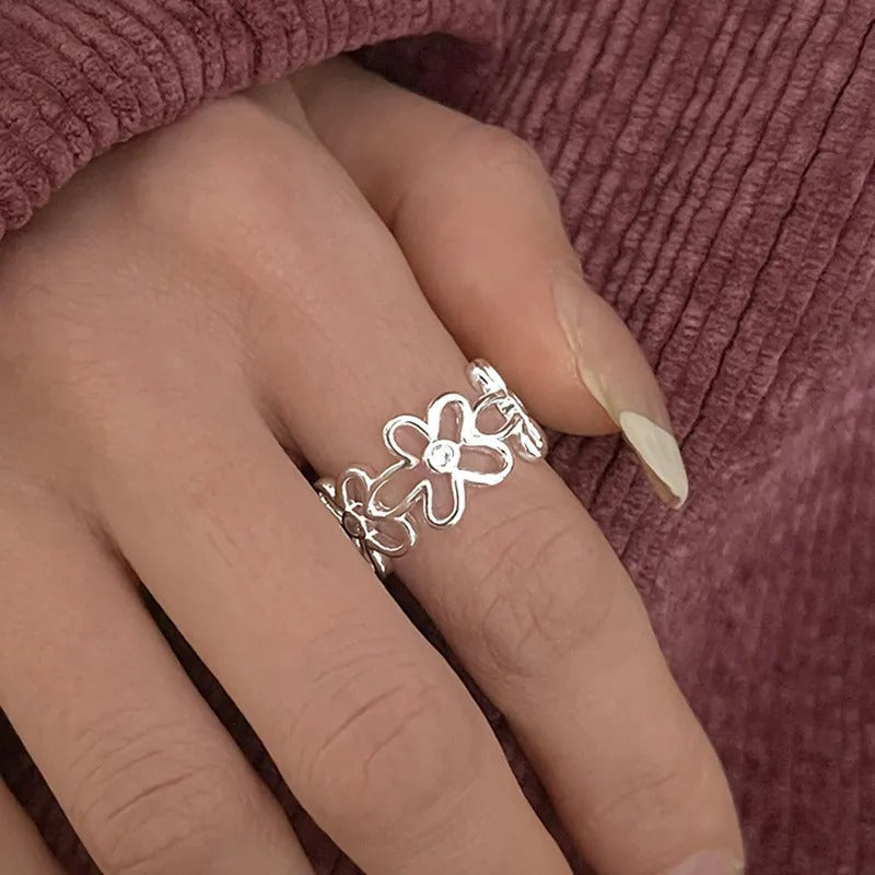 Bague vintage réglable en argent 925 avec fleur